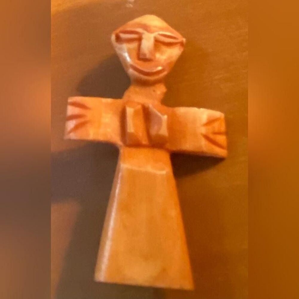 Brown Wood Carved Figural Brooch Pin Abstract Person Angel Folk Art Jewelry 2.5”